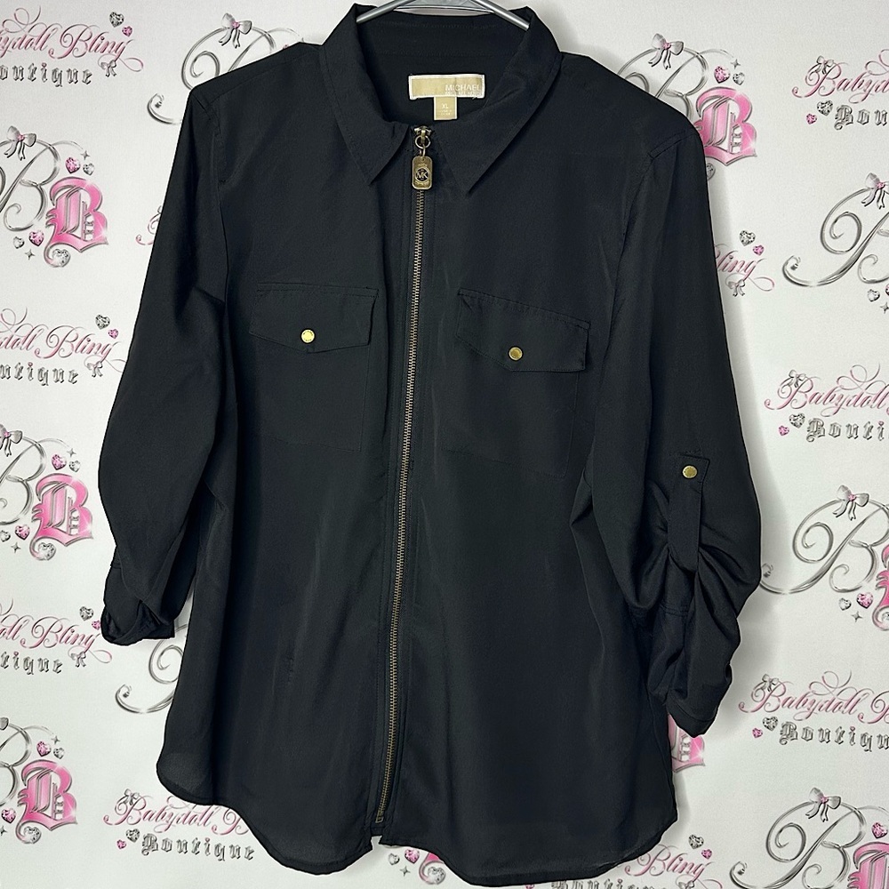 Micheal kors top Black zip up blouse gold hardware MK logo zipper